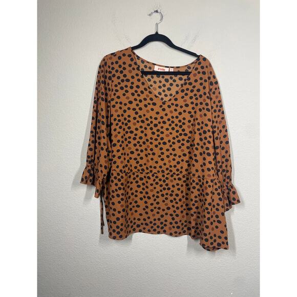 Evri Plus Size 2X Polka Dot Top Blouse Brown Black V Neck Drawstring Waist - Picture 2 of 7